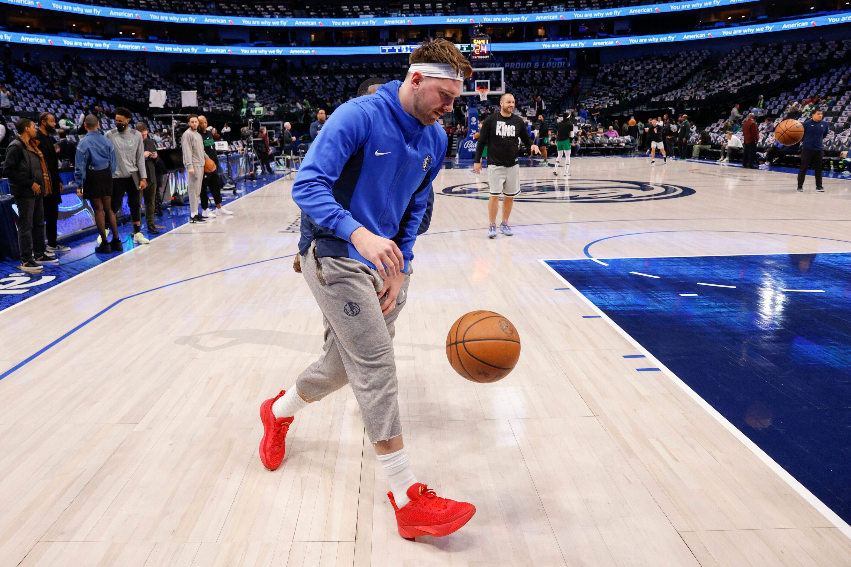 Dallas Mavericks guard Luka Doncic dribbles the ball during warmups before an NBA game...