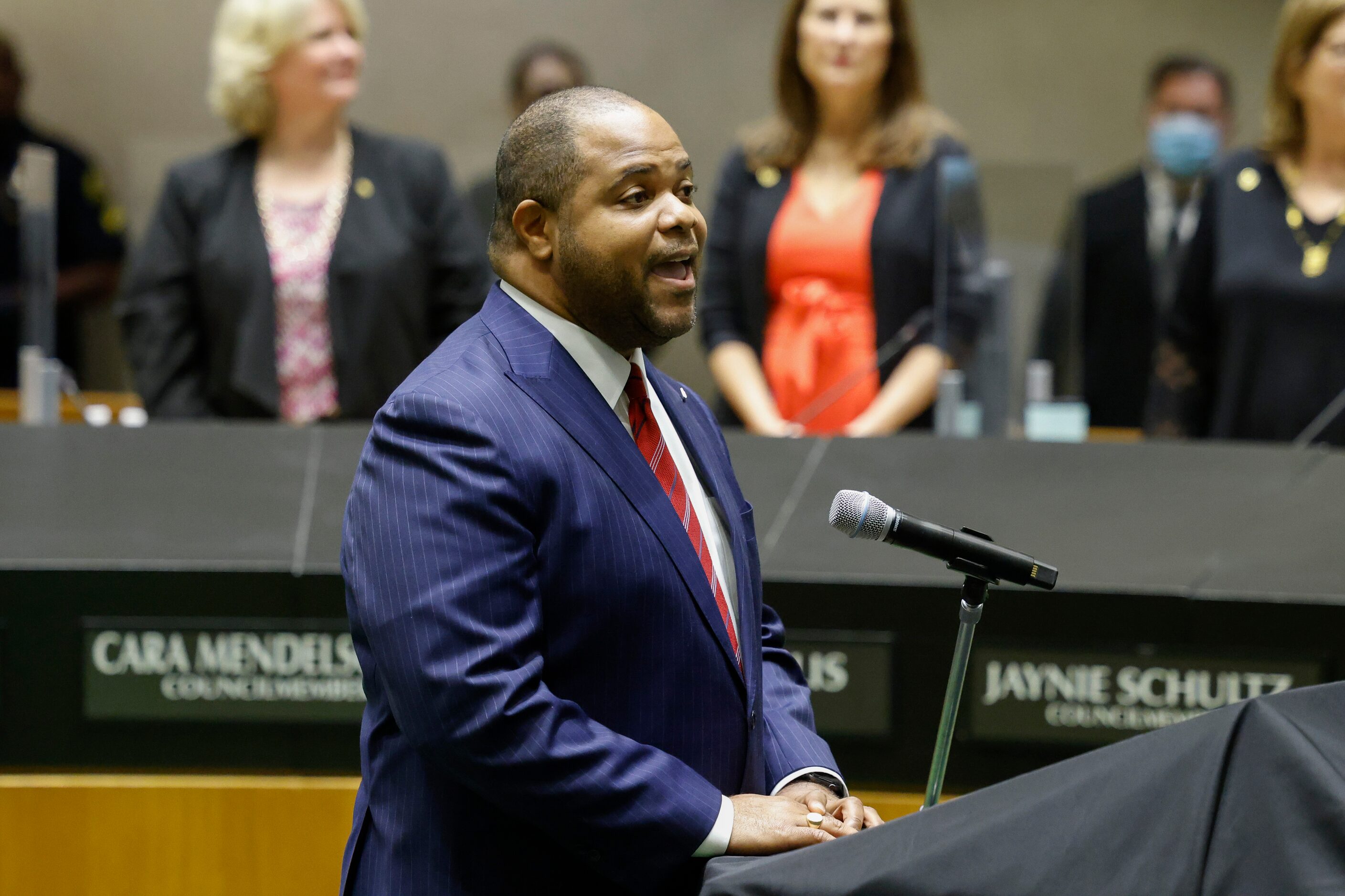 Dallas Mayor Eric Johnson speaks during his state of the city address at City Hall in Dallas...