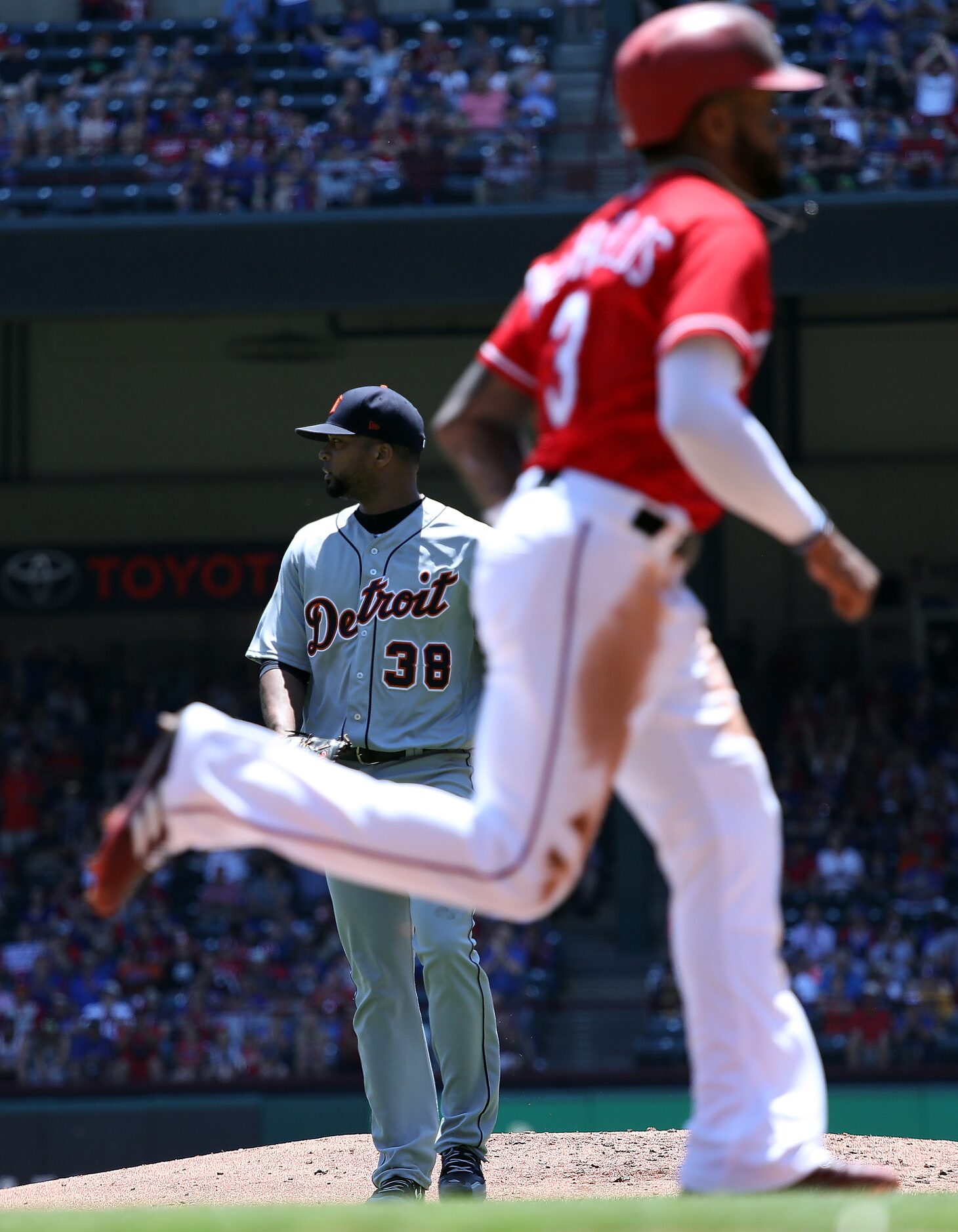 ARLINGTON, TX - MAY 09:  Francisco Liriano #38 of the Detroit Tigers steps off the mound as...