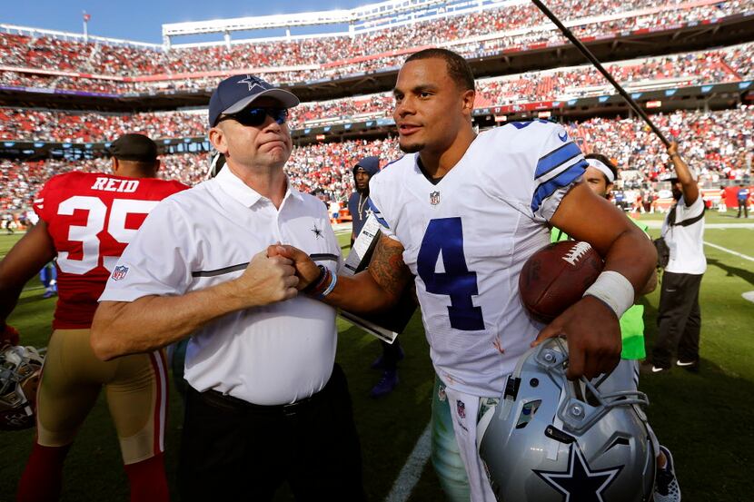 Dallas Cowboys rookie quarterback Dak Prescott (4) is congratulated on his grid game by...