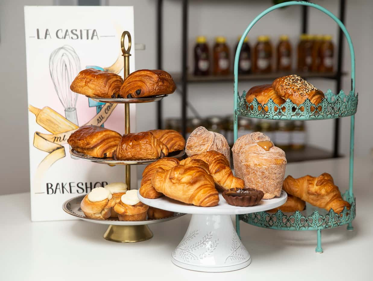 Pastries, including croissants, chocolate caramel tart and churro cruffins, at La Casita...