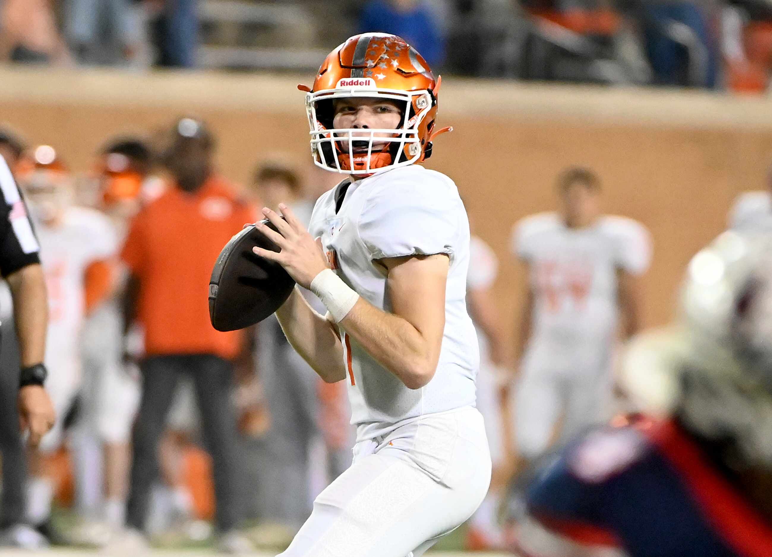 Celina's Noah Bentley (1) looks to pass in the second half of a Class 4A Division II Region...