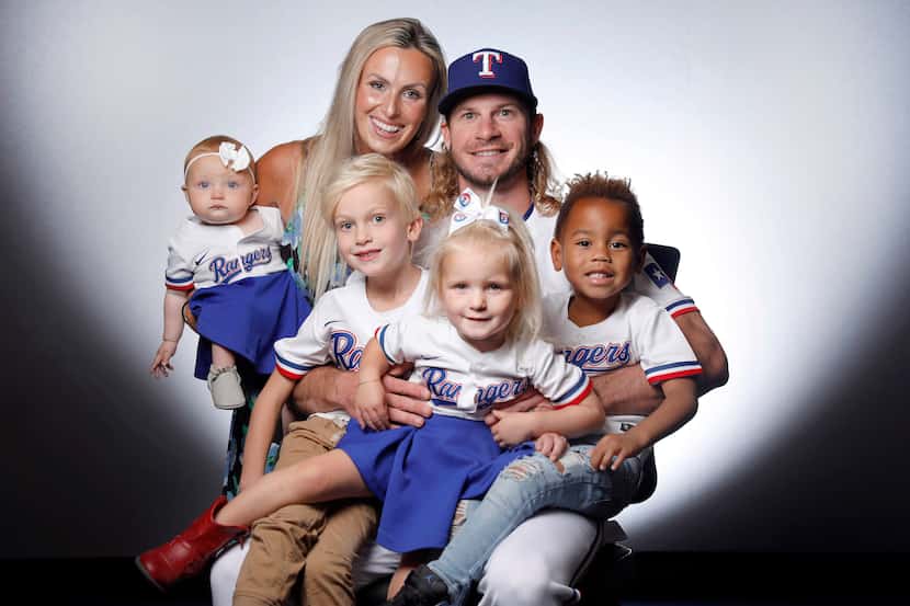 Texas Rangers Travis Jankowski pictured with his wife, Lindsey, and children (from left)...