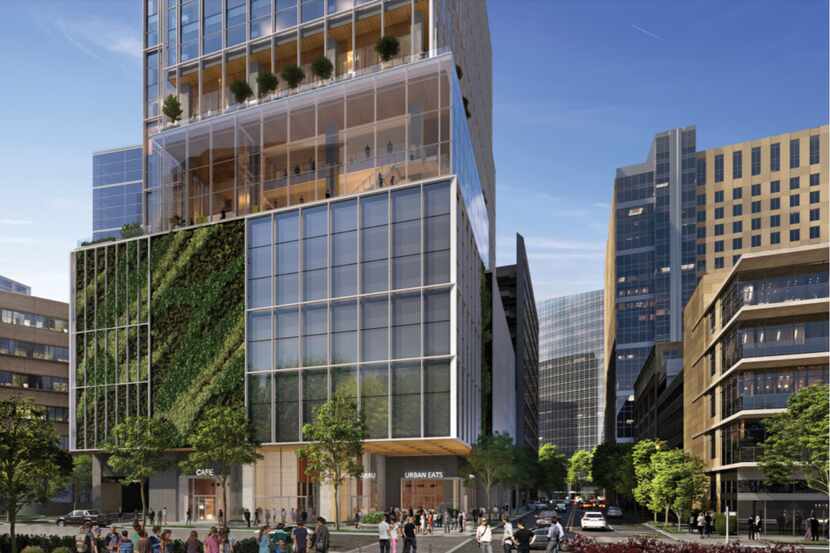 Developer KDC's Bank of America tower is planned at Woodall Rodgers Freeway and Harwood...