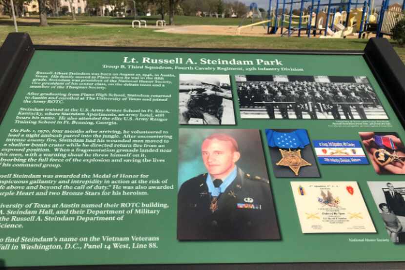 A marker at Lt. Russell A. Steindam Park in Plano details the life of its namesake. Lt....