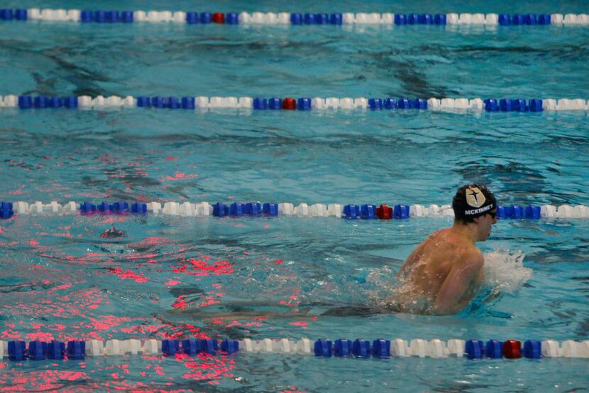 Dallas Jesuit's Will McKinney stays on course in the Boys 200 yard IM event. McKinney's time...