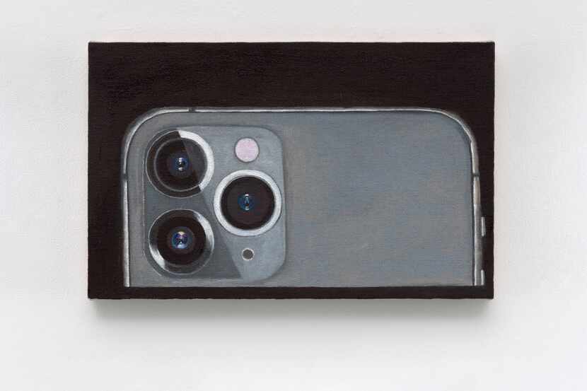 Leidy Churchman's "iPhone 11" (2019-20) depicts the smartphone set upon its side and...