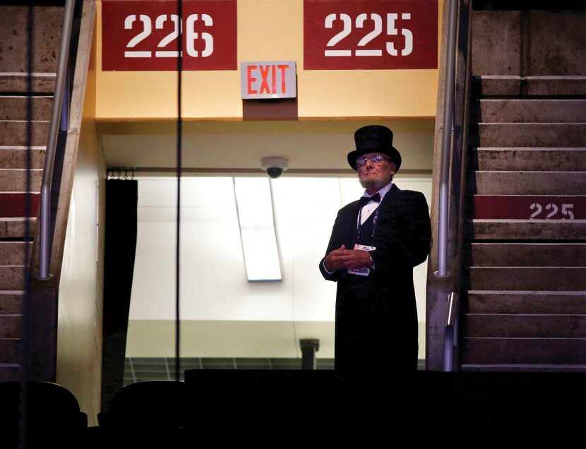 A man dressed as Abraham Lincoln watched from above the stage during the Republican National...