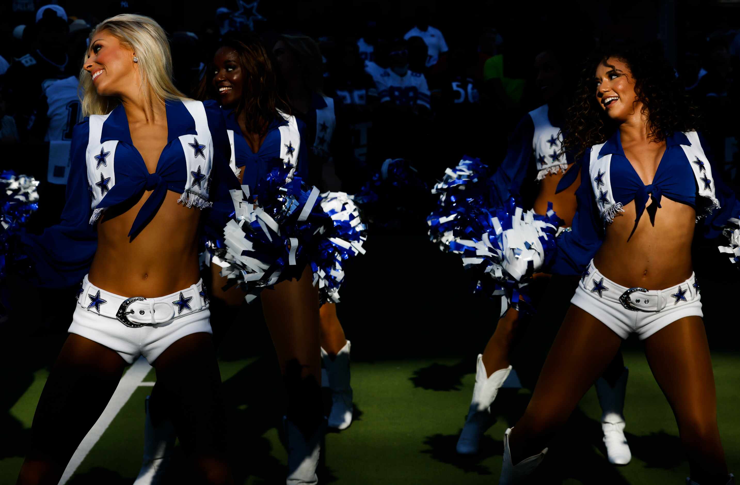Dallas Cowboys cheerleaders perform during the recording of ESPN’s First Take in the...