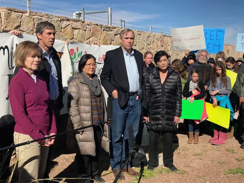 U.S. Rep. Beto O'Rourke (left) led a congressional delegation Saturday to tour tent cities...