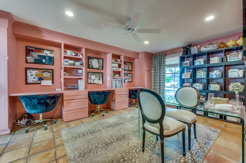 Pink office with built-in desks