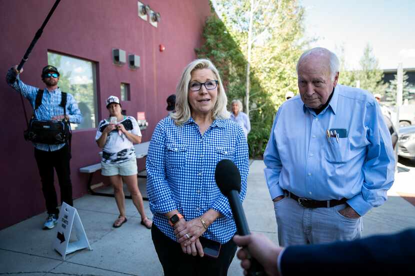 Rep. Liz Cheney, R-Wyo., arrives, with her father, former Vice President Dick Cheney, a...