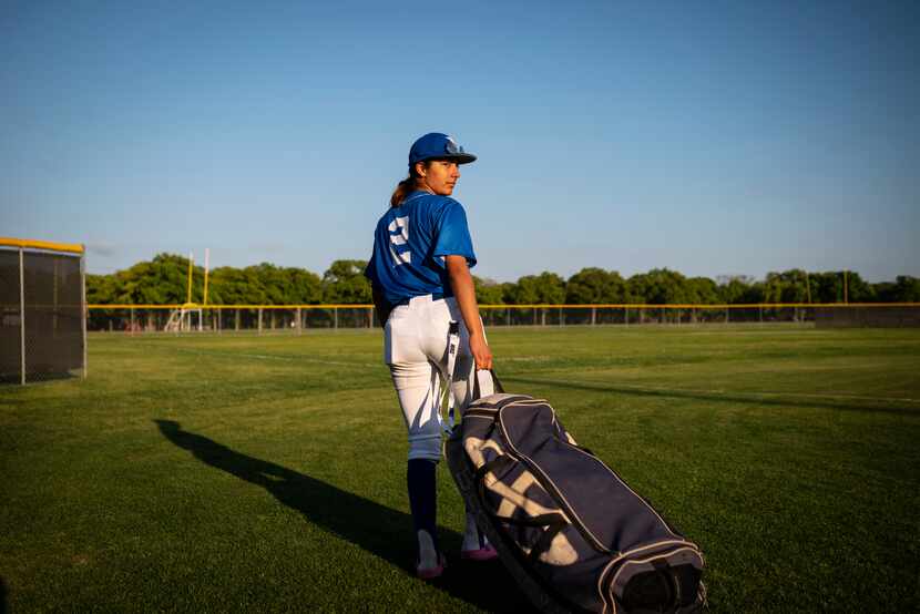 Adamson High School senior Tatyana Beltran (2), looks back as she walks off the field saying...