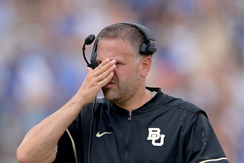 DURHAM, NC - SEPTEMBER 16:  Head coach Matt Rhule of the Baylor Bears reacts during the game...