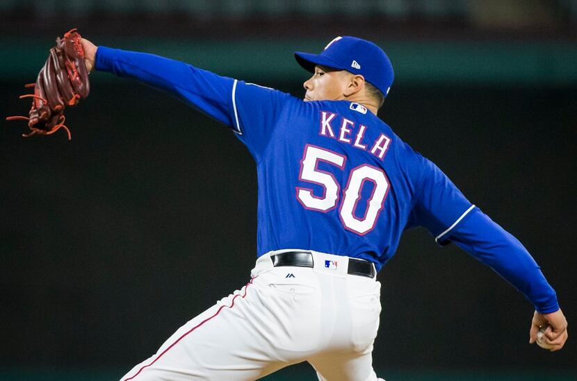 Texas Rangers relief pitcher Keone Kela pitches during the ninth inning of a 14-3 victory...