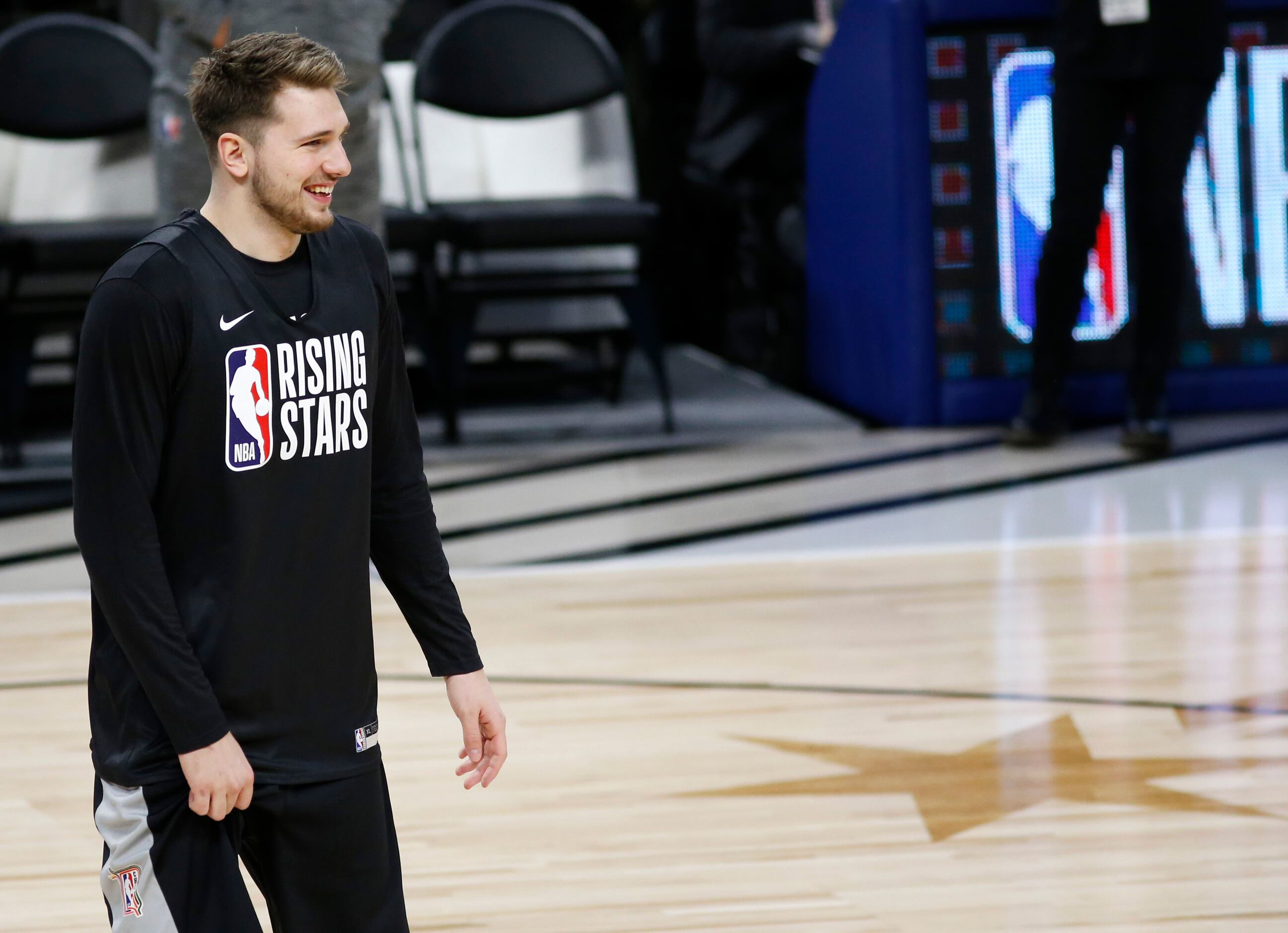 Dallas Mavericks forward Luka Doncic (77) smiles during the NBA Rising Stars practice for...