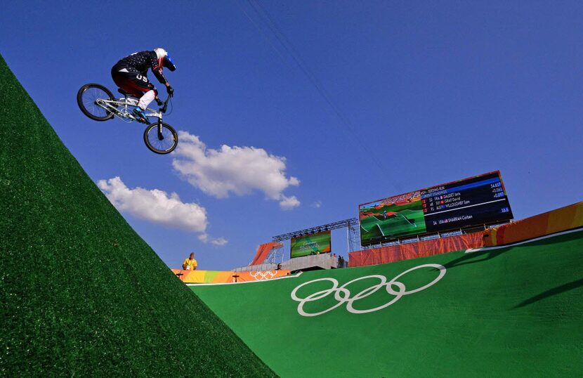 USA's Connor Fields competes during the BMX qualifying event at the Rio 2016 Olympic Games...