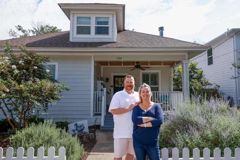McKinney residents Joanna and Matt Anderson pose for a portrait at the front porch of their...