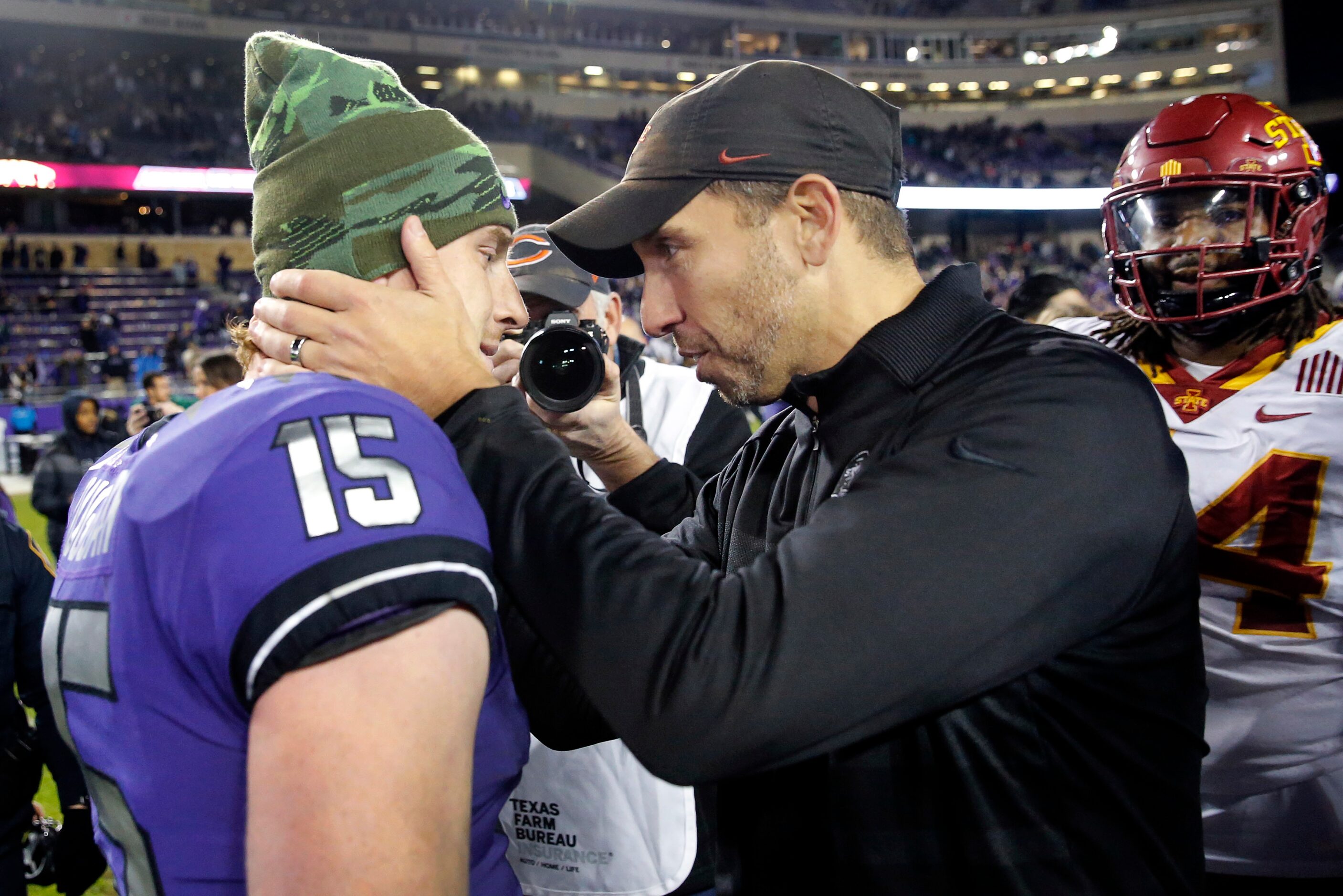 TCU Horned Frogs quarterback Max Duggan (15) receives congratulations from Iowa State...