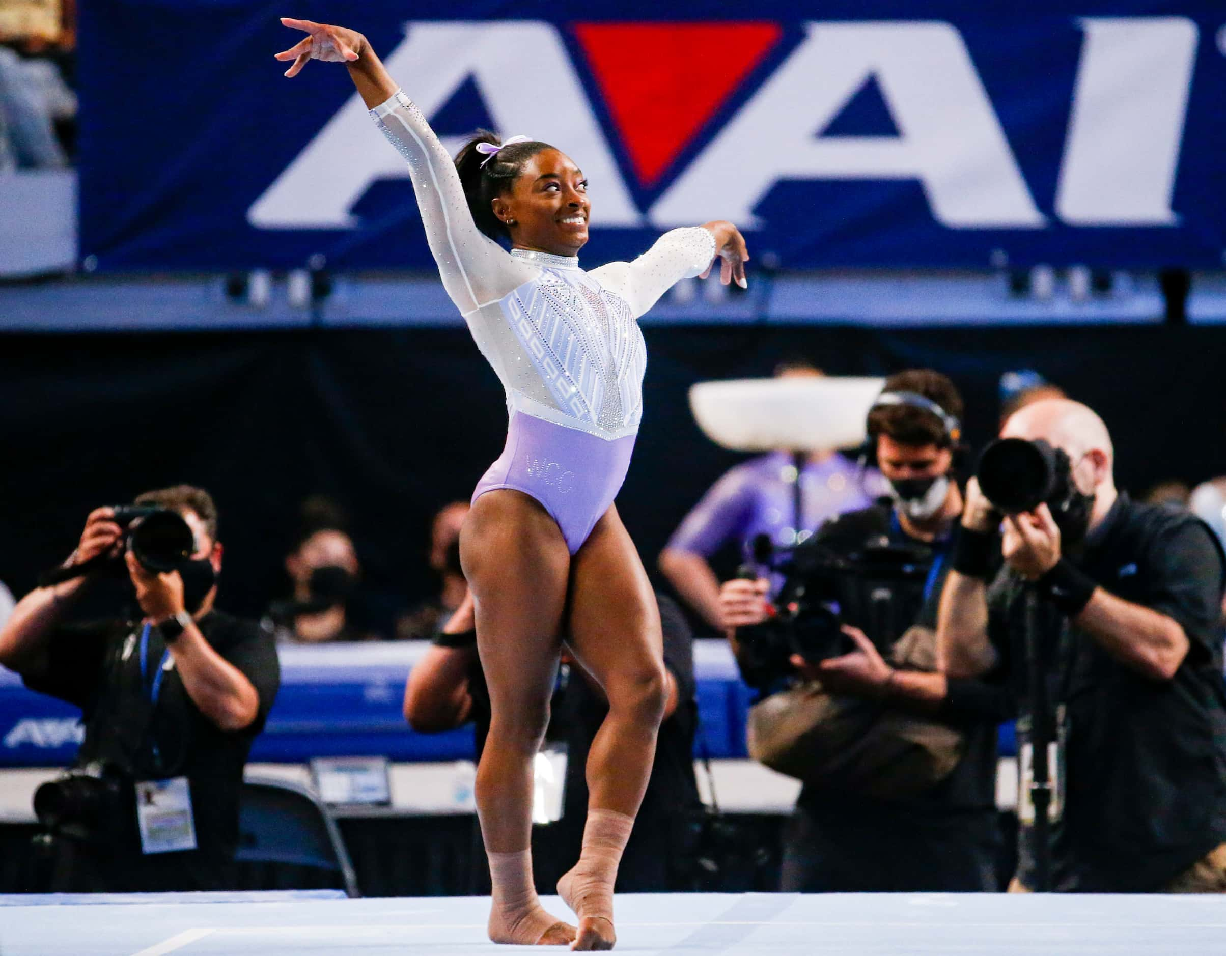 Simone Biles performs on the floor during day 1 of the senior women's US gymnastics...