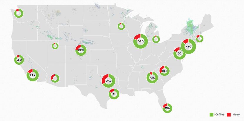 Flight Aware's misery map shows the airports across the country that experienced the most...
