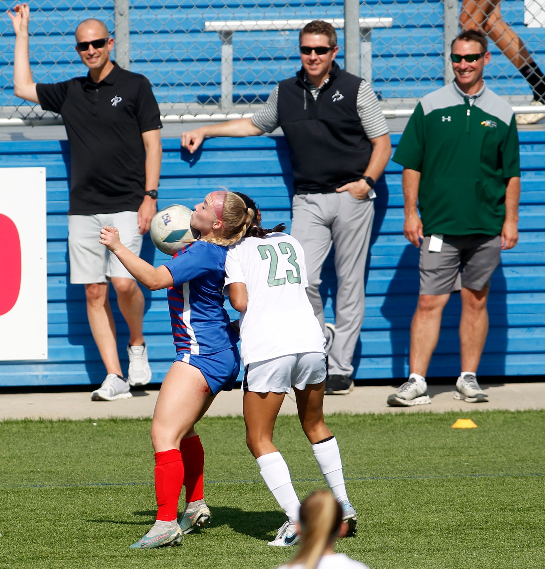 Prosper midfielder Samantha Tovar (23) battles with Austin Westlake midfielder AJ Carlson...