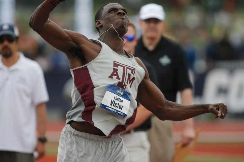 Texas A&M's Lindon Victor throws the shot put during the men's decathlon on the first day of...