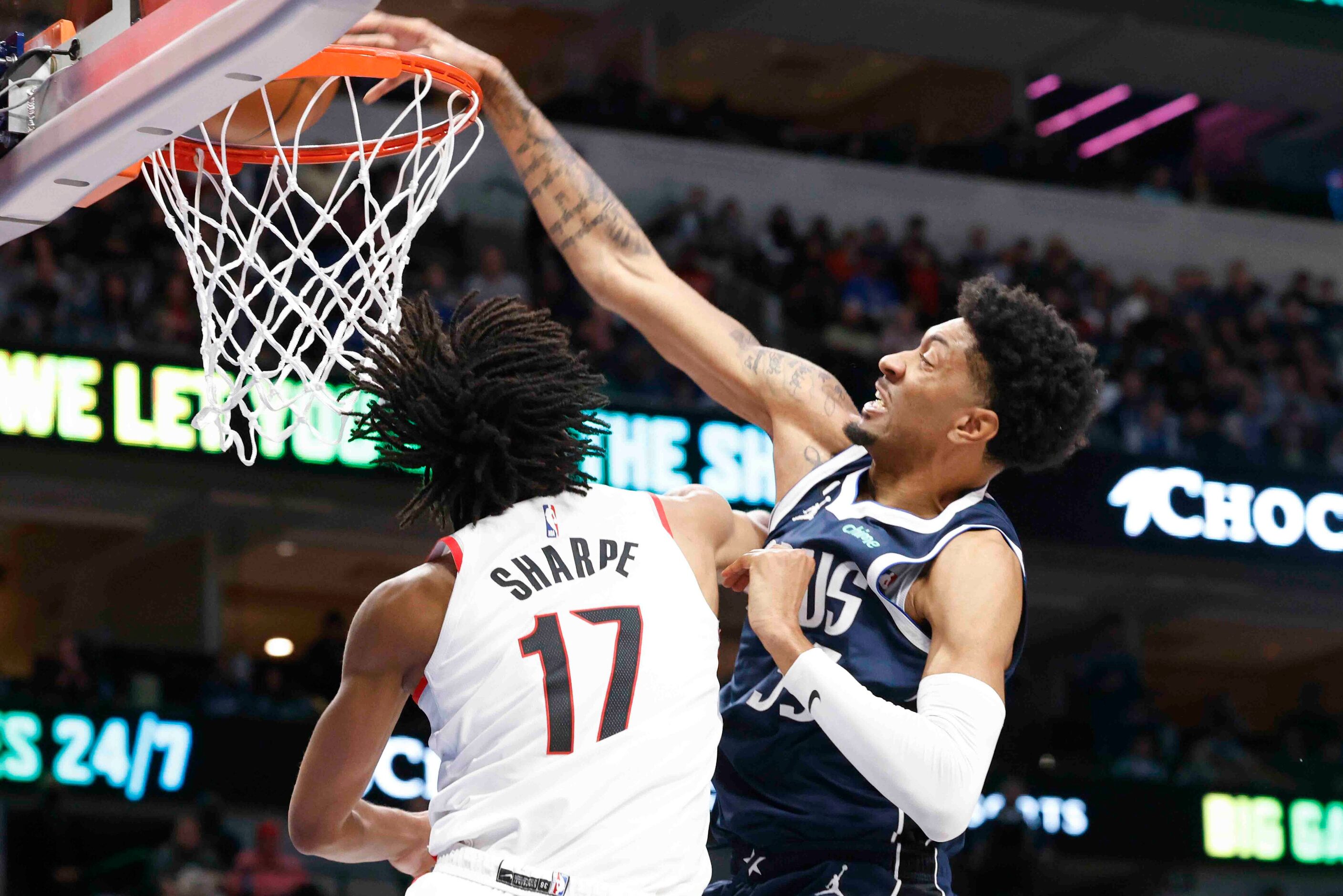 Dallas Mavericks forward Christian Wood (35) dunks past Portland Trail Blazers guard Shaedon...