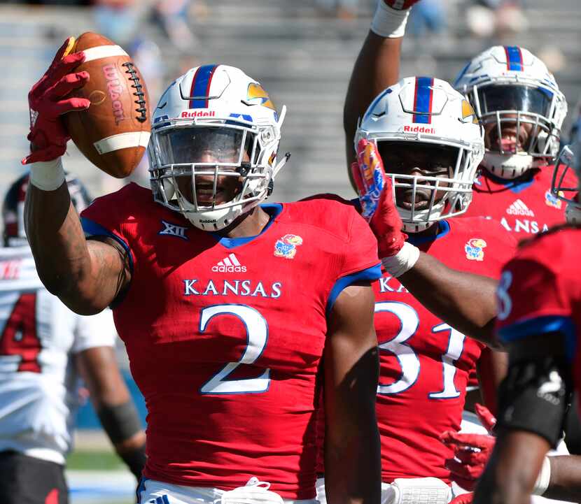 LAWRENCE, KS - OCTOBER 7: Dorance Armstrong Jr. #2 of the Kansas Jayhawks celebrates after...