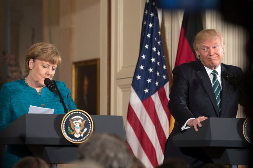 President Donald Trump and Chancellor Angela Merkel of Germany hold a joint news conference,...