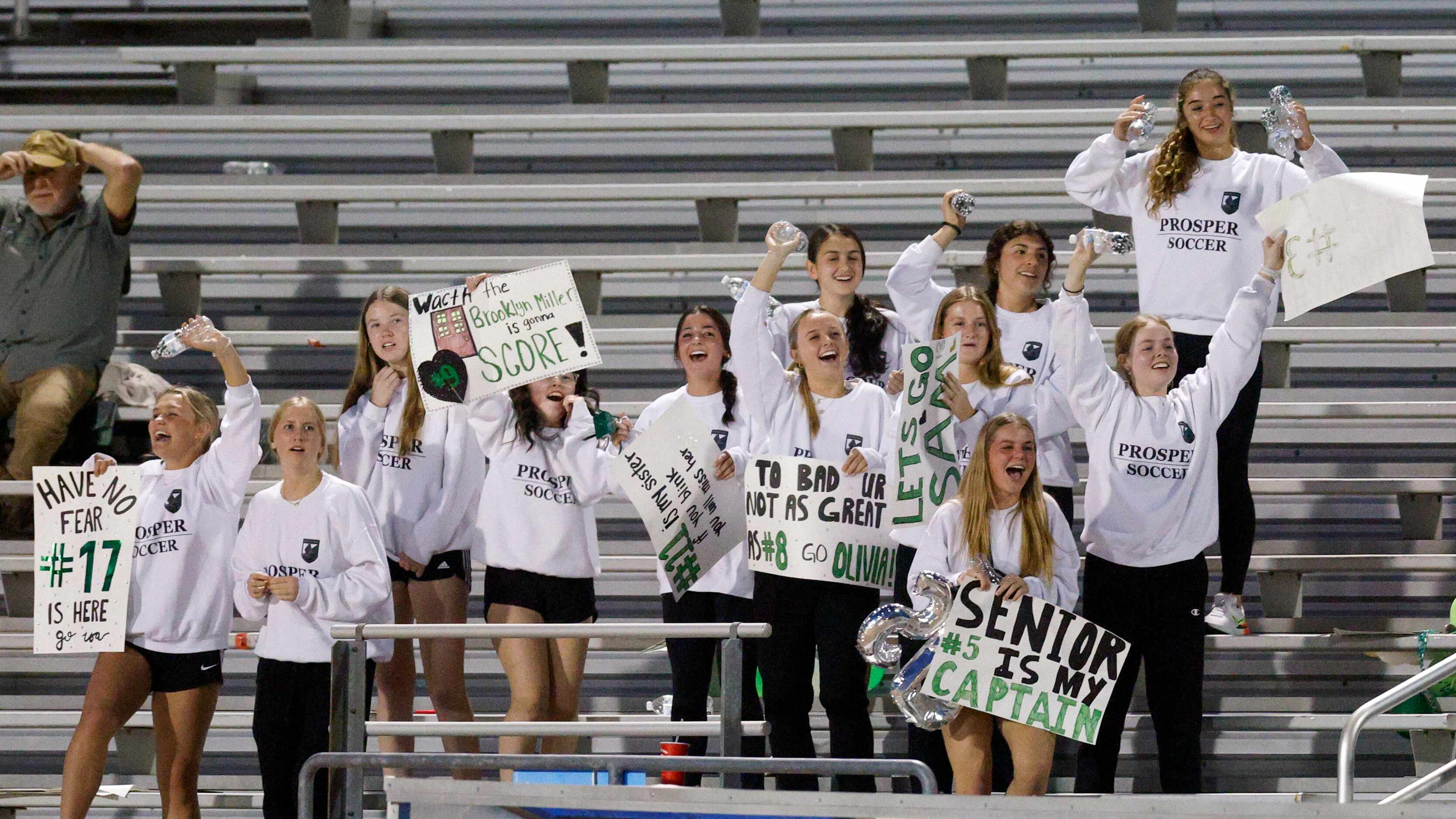 Prosper students celebrate a goal by forward Brooklyn Miller during the first half of a UIL...