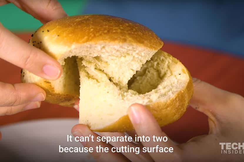 The wrong way to cut a bagel.