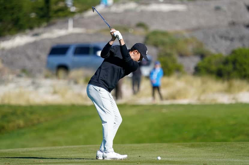 Jordan Spieth hits off the fourth fairway of the Spyglass Hill Golf Course during the first...