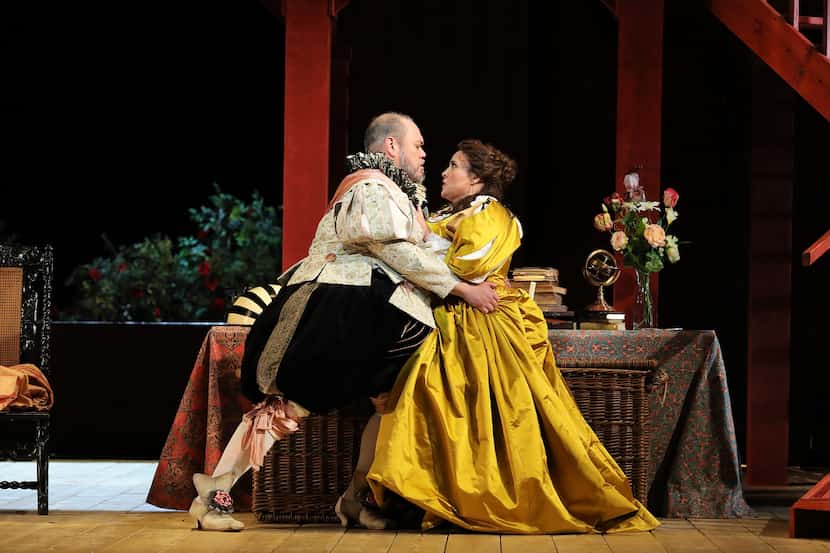 Quinn Kelsey (Falstaff) and Alexandra LoBianco (Alice Ford) in 2022 Santa Fe Opera...