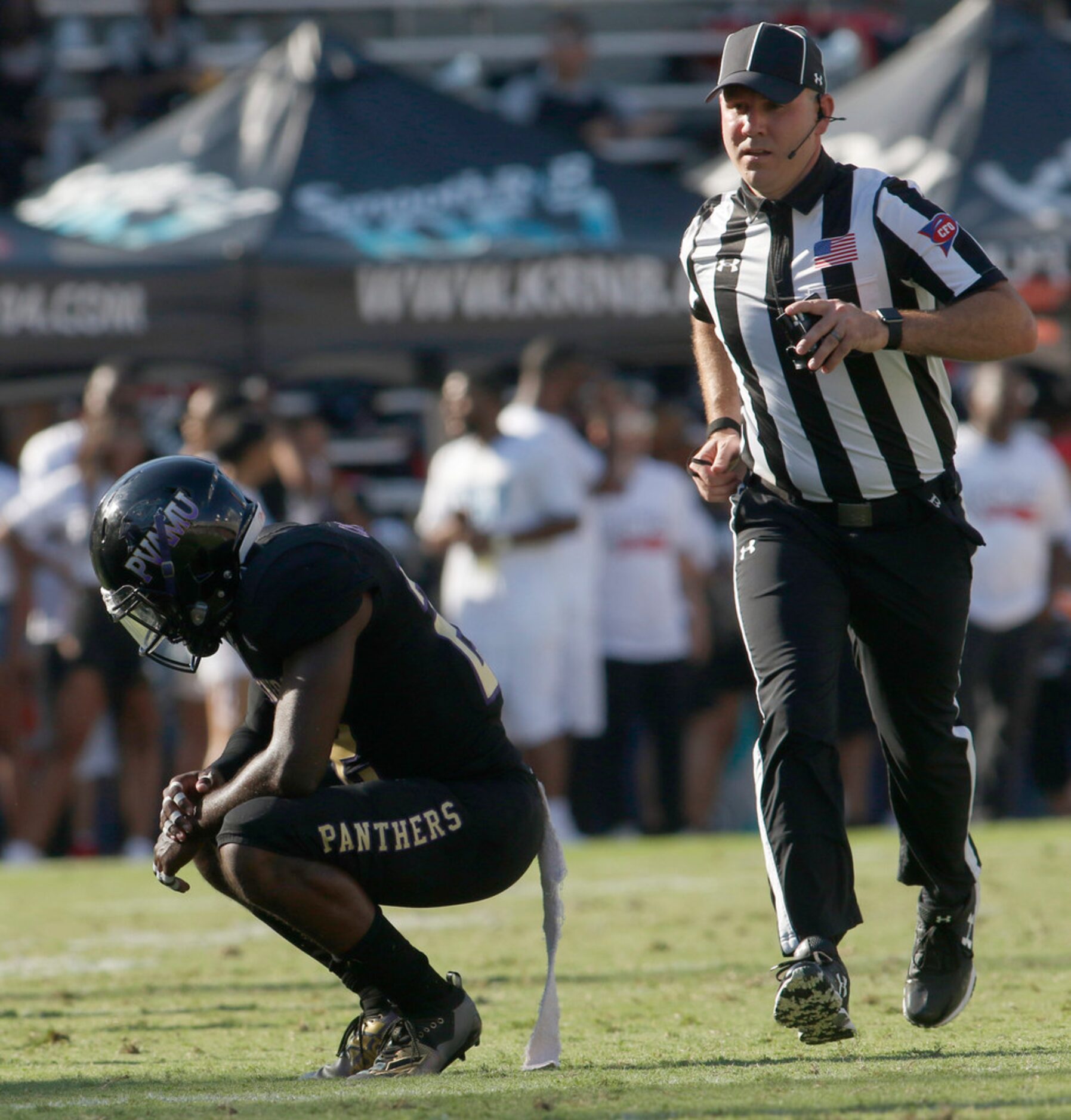 Prairie View linebacker Drake Cheatum (22) pauses after a defensive play in which he was...