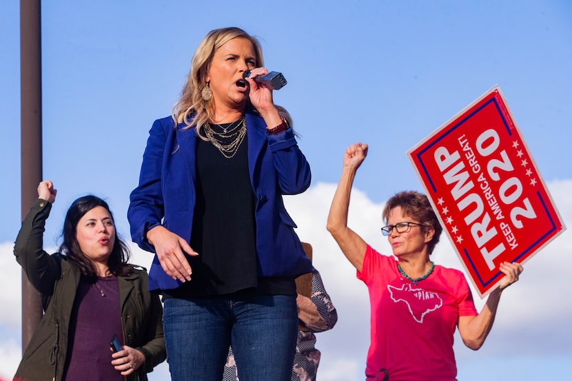 Shelley Luther speaks during an America is Great rally hosted by TrumpTrain 2020 DFW at...