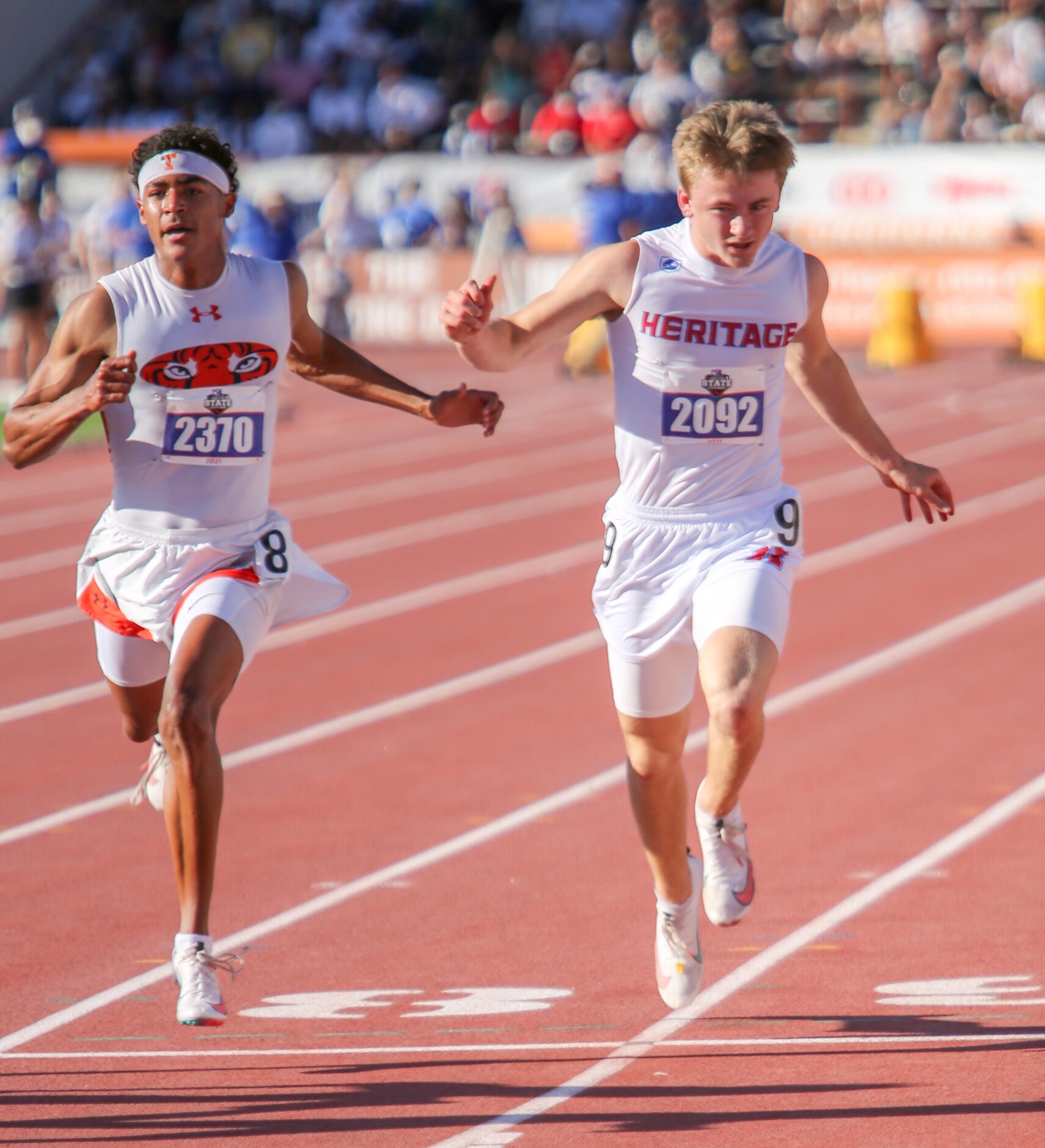 Midlothian Heritage's Carter Wilkerson runs towards the finish line during his 4A boys 100...