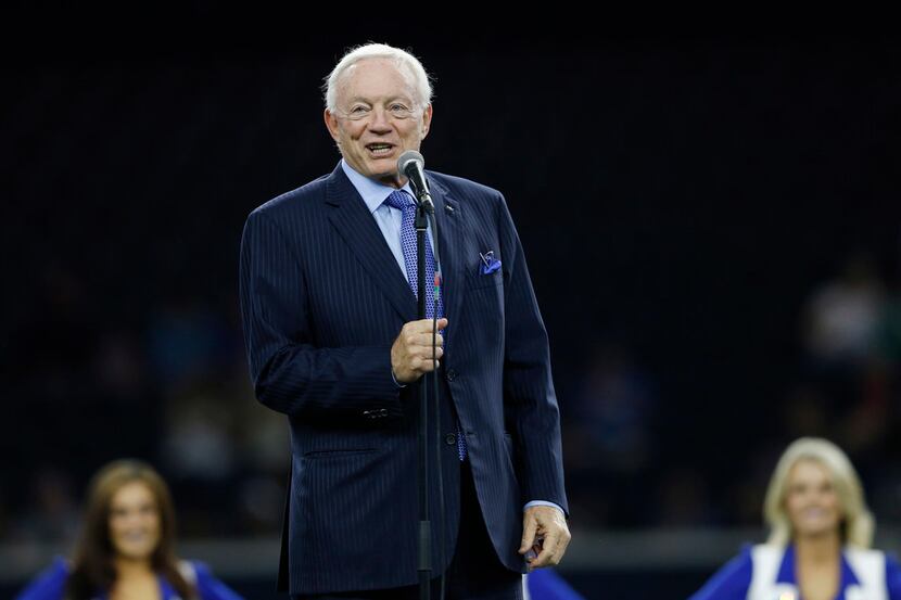 Dallas Cowboys owner Jerry Jones speaks to the crowd during Dallas Cowboys training camp in...