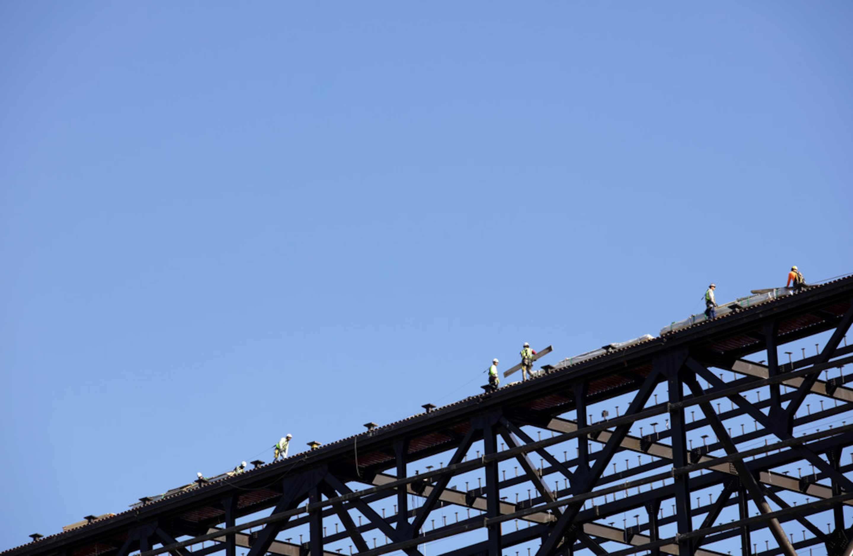 Workers continue construction at Globe Life field in Arlington, TX, on Dec. 18, 2019. (Jason...