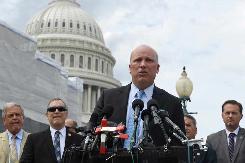 Rep. Chip Roy, R-Texas, center, speaks about immigration on the southern border during a...