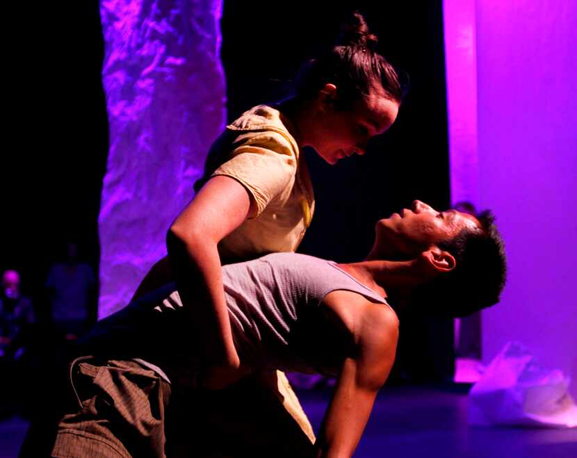 Sarah Dye and Joshua Nichols embrace during a dress rehearsal of Danielle Georgiou Dance...