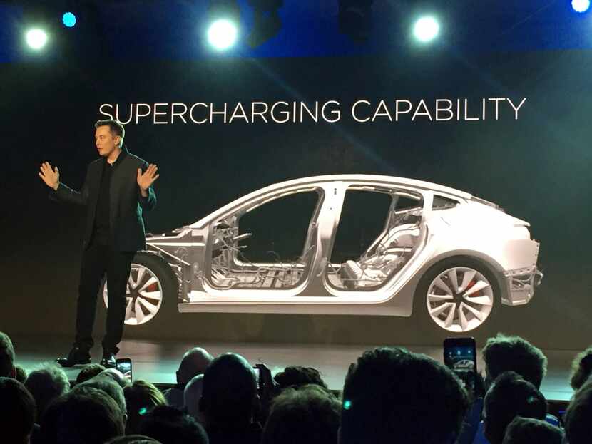 Tesla CEO Elon Musk spoke at the unveiling of the Model 3 at the Tesla Motors design studio...