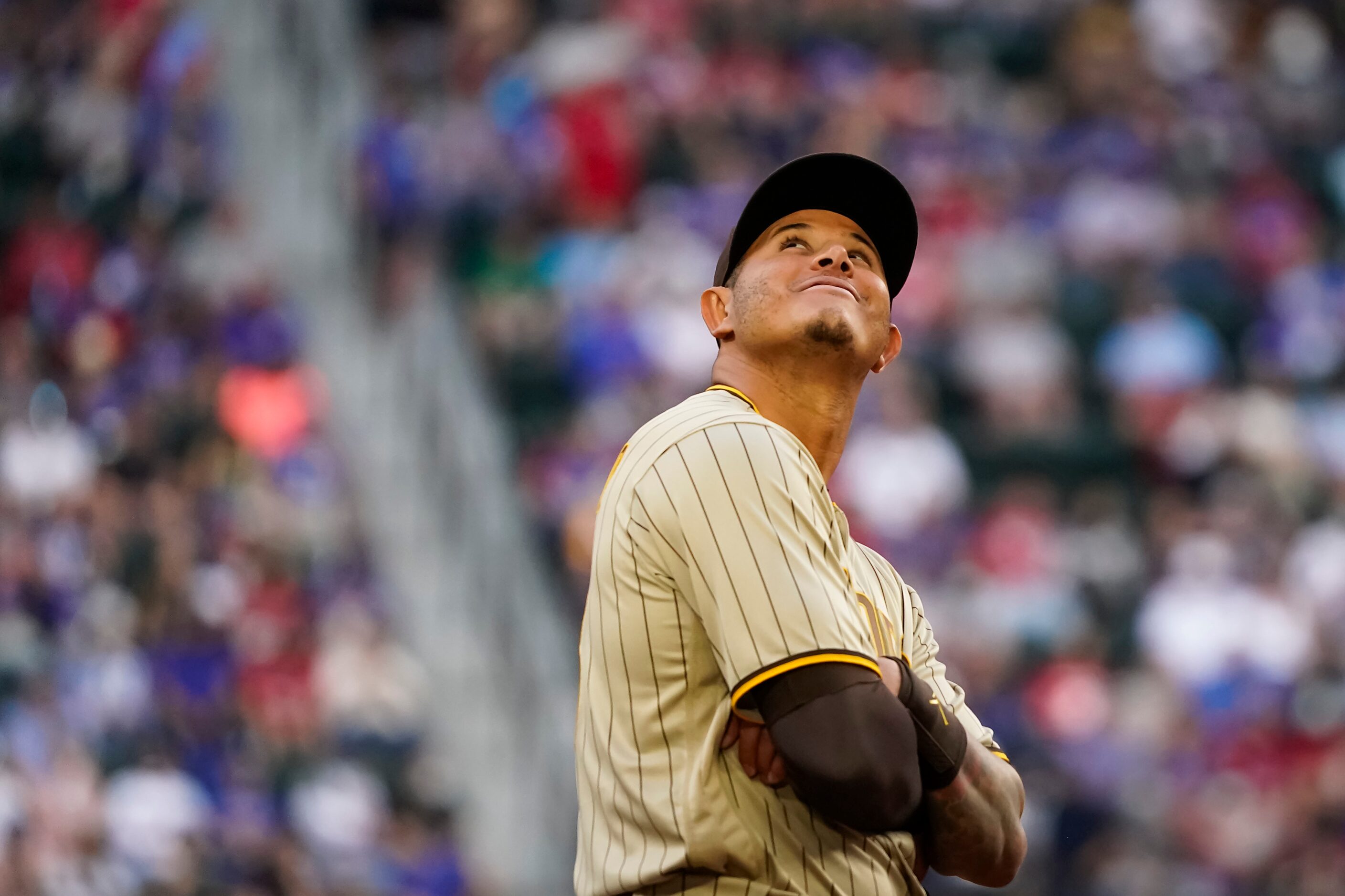 San Diego Padres third baseman Manny Machado looks out over the stadium during the second...