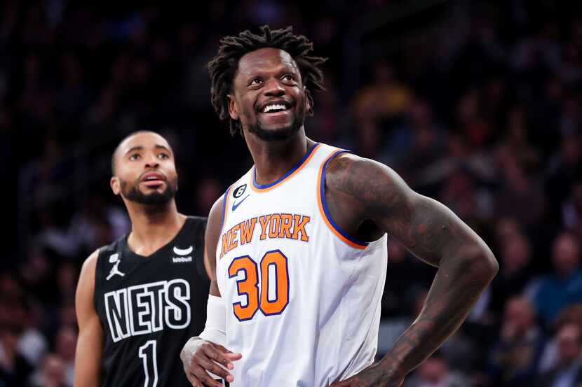 New York Knicks forward Julius Randle (30) reacts during a free throw as Brooklyn Nets...