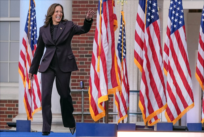 Vice President Kamala Harris arrives to give a concession speech after the 2024 presidential...