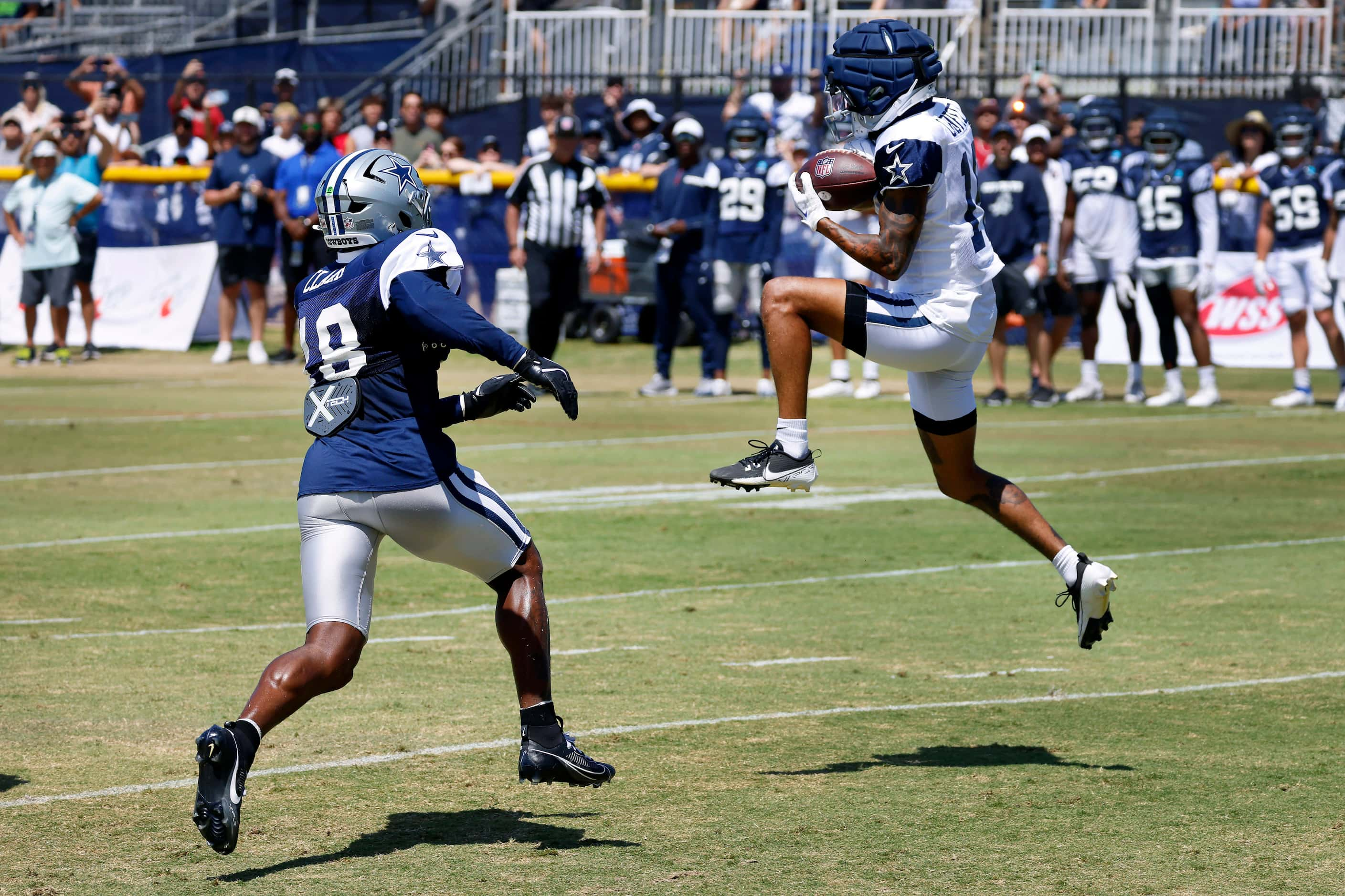 Dallas Cowboys wide receiver Jalen Moreno-Cropper (16) pulls in a pass as he has open...