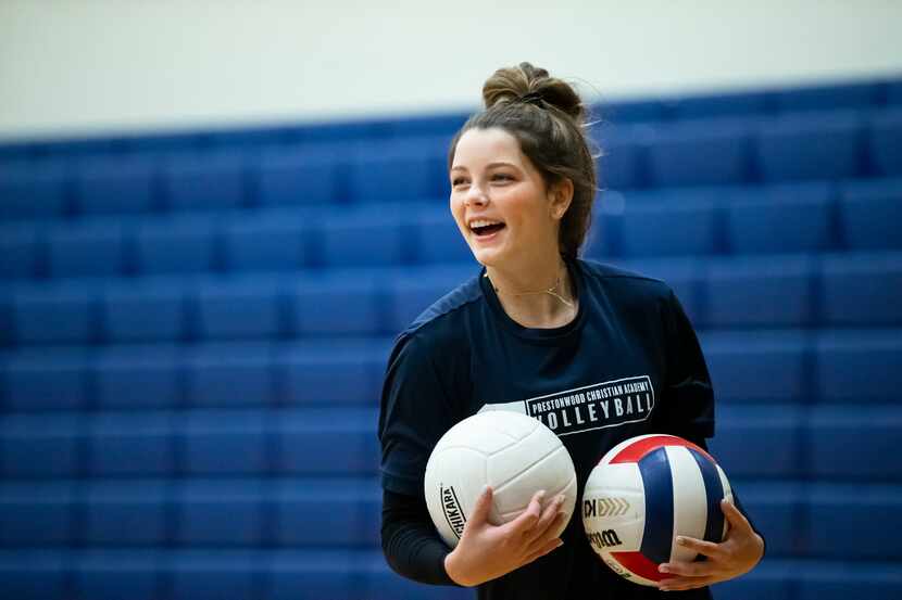 Nicole Foster participates during a volleyball practice at Plano Prestonwood Christian...