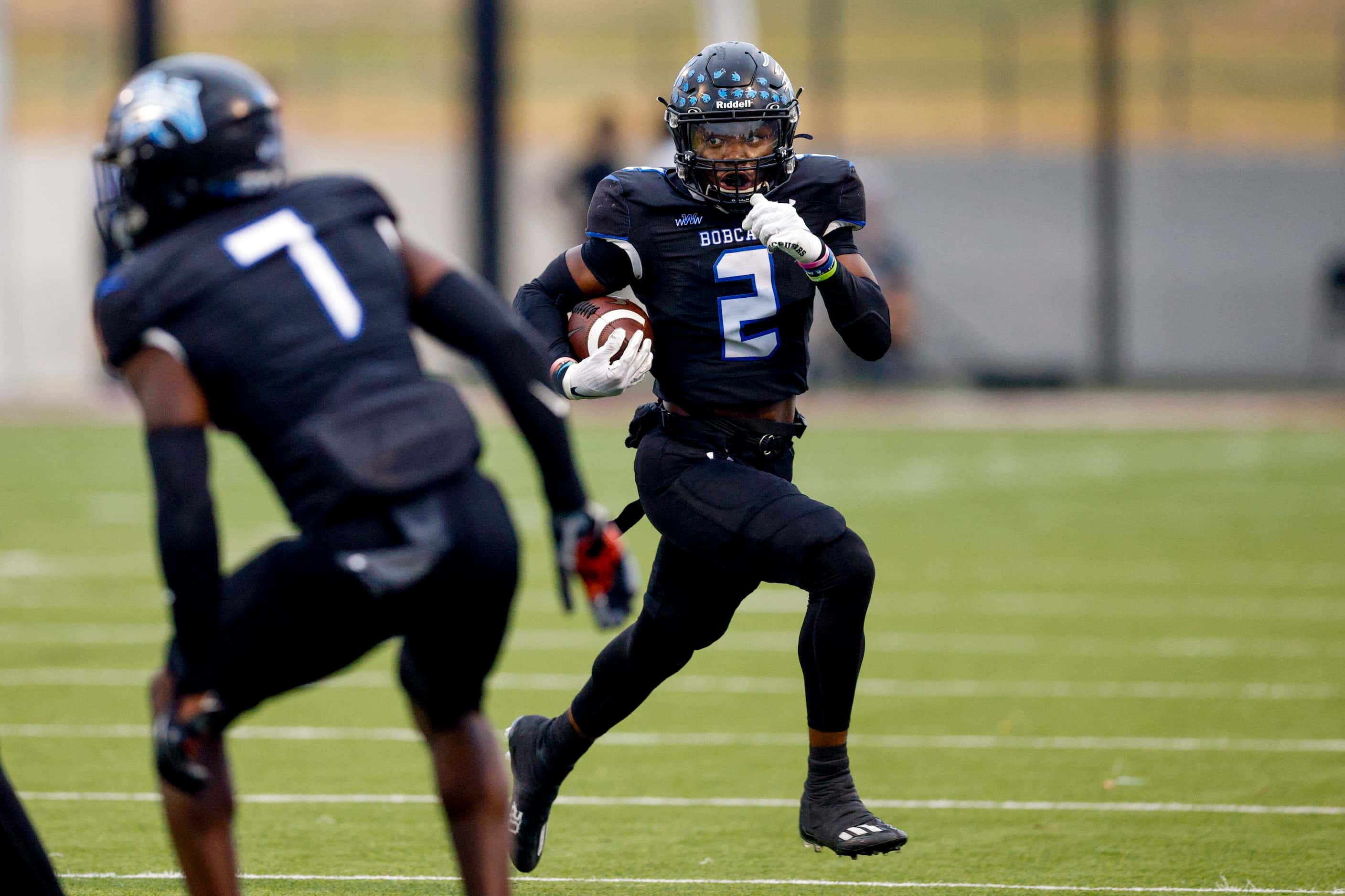 Trophy Club Byron Nelson’s Kaleb Coleman (2) returns a punt during the first half of a game...