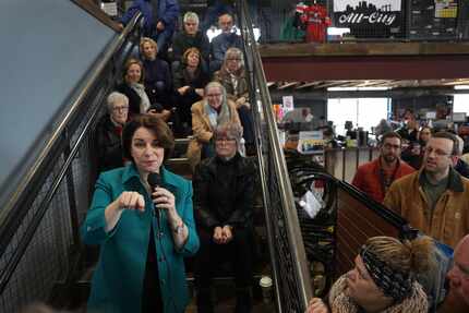 Sen. Amy Klobuchar speaks to an overflow crowd during a campaign stop at Crawford Brew Works...