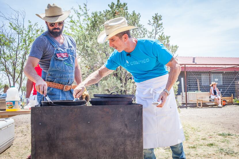 Chef Lou Lambert (right) teaches a camp cooking culinary weekend at El Cosmico in Marfa.